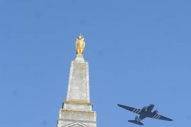 A video has captured the moment a military aircraft used in World War Two flew across Leeds. Photo: Steve Riding.