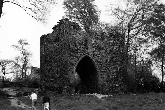 This image shows the ruins of the castle folly at Roundhay Park in June 1967.