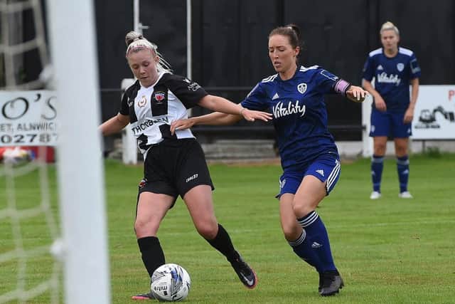 Catherine Hamill hassles an opponent during Leeds United's 2-0 FAWNL Plate defeat to Alnwick Town. Pic: LUFC.