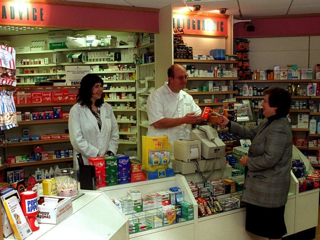 Inside Cohen's Pharmacy on Harrogate Road in November 1996.