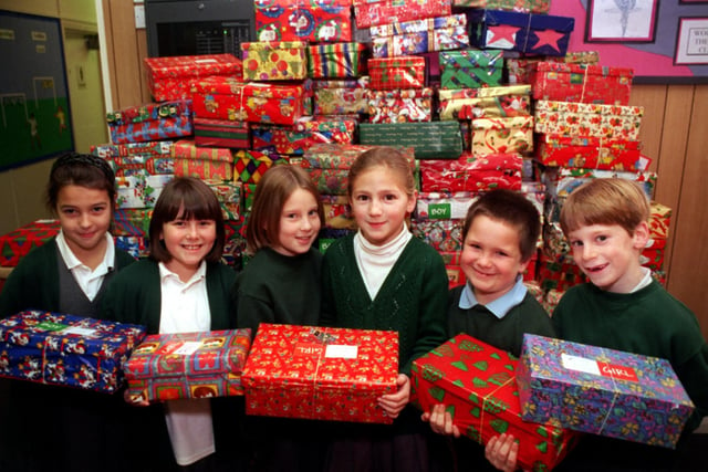Pupils from Highfield Primary collected shoeboxes for Operation Christmas Child aimed at helping children in Romania, Armenia, Serbia and Croatia. Pictured, from left, are Emily Smithies, Charlotte Martin, Jessie Lowe, Laura Wood, Billy Waters and Robert Hirst.