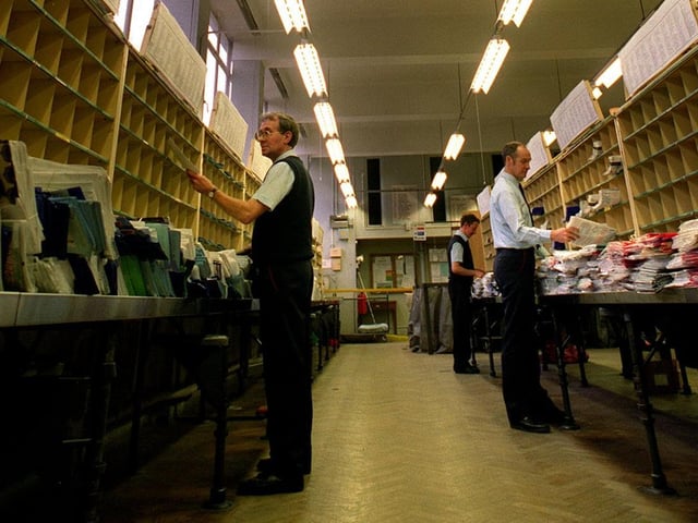 Letter sorting at the Moortown delivery office in January 1997.
