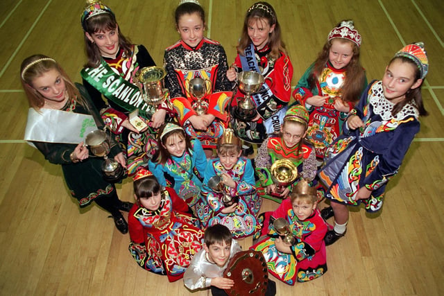 The Tracey Scanlon School in Moortown had returned from World Irish Dancing Championships in December 1997. Pictured, back row from left, are Ellen McCormack, Elizabeth McCleave, Rachel Watson, Sinead Fallon, Elizabeth McGrath and Helen Priestley. Front row, from left are Siobhan Lancashire, Hannah Rowland, Kirsty Mooney, Annmarie Barrett and Rebecca Watson. Matthew McCaffrey is at the front.