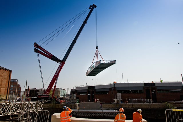Fabricated locally in Yorkshire, less than 20 miles from the site, contractors BAM Nuttall used huge specialist equipment to transport the 30m long bridge to the riverside before carefully installing it with a crane.