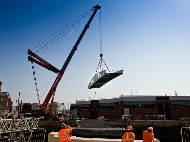 Fabricated locally in Yorkshire, less than 20 miles from the site, contractors BAM Nuttall used huge specialist equipment to transport the 30m long bridge to the riverside before carefully installing it with a crane.