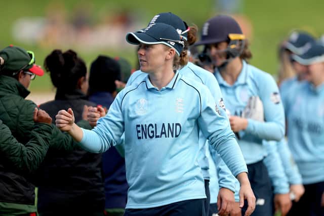 England captain Heather Knight escorts her team out to face Bangladesh at the Basin Reserve in Wellington Picture: Marty Melville/AFP/Getty Images