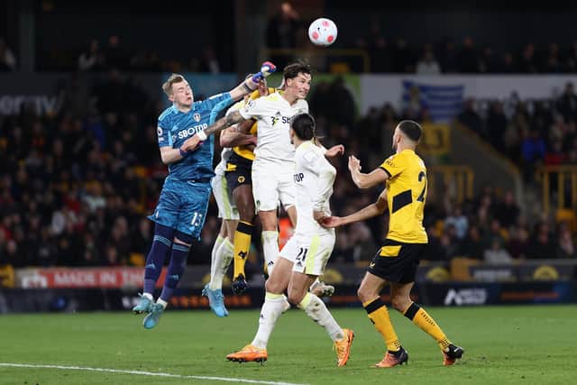Kristoffer Klaesson punches the ball clear during Leeds United's 3-2 victory over Wolves. Pic: Naomi Baker.