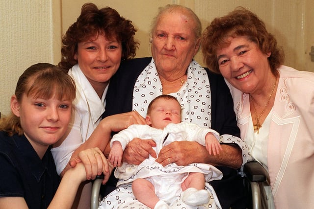 Five generations of the same Morley family. Pictured is Elizabeth Noble, 91, with her daughter Betty Dickinson, 61, grand daughter Gillian Bairstow, great grand daughter Jane Bairstow, 18, and great great grandchild Katie, three weeks.
