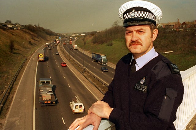 Sgt Stephen Chappell at the spot on the bridge over the M62 at Gildersome where he saved a man from jumping off. He was to receive a Humane Society Award for his actions.