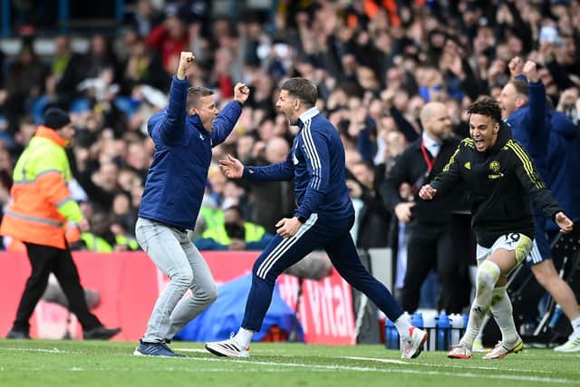 NEW ERA - Mark Jackson celebrating with new head coach Jesse Marsch during Leeds United's win over Norwich City at Elland Road. Pic: Getty