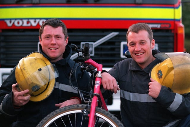 Firefighters Brendan Davey (left) and Edward Donnelly of Moortown Fire Station, prepare for their sponsored ride to Morocco in October 1998..