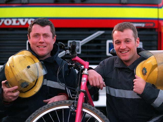 Firefighters Brendan Davey , left, and Edward Donnelly of Moortown Fire Station, prepare for their sponsored ride to Morocco in October 1998..