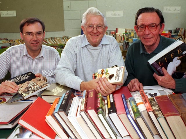 Pictured at Moortown Baptist Church Book Fair in October 1998 are, from left, Howard Dews, Norman Hiley and Keith Wicks.