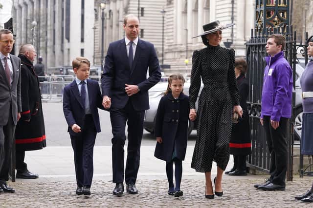 The Duke and Duchess of Cambridge, Prince George, Princess Charlotte arrive for a Service of Thanksgiving for the life of the Duke of Edinburgh, at Westminster Abbey in London. Picture: Aaron Chown/PA Wire