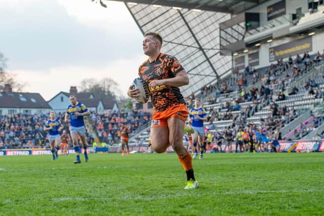 Greg Eden's interception try for Castleford Tigers was a turning point in their sixth-round Challenge Cup win over Leeds (played in front of a sparse Headingley crowd), reckons Rhinos captain Kruise Leeming. Picture: Allan McKenzie/SWpix.com.