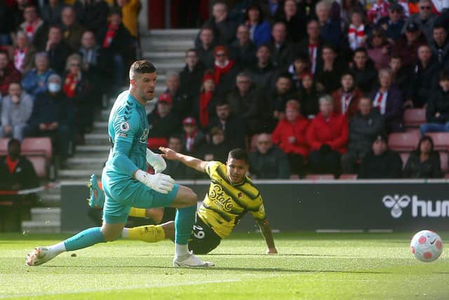 Cucho Hernandez beats Alex McCarthy during Southampton's 2-1 Premier League defeat to Watford. Pic: Charlie Crowhurst.