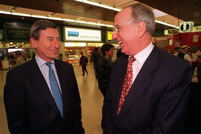 Leeds City Station was named the country's best in 1995. Pictured is rail regulator John Swift (left) and British Rail chairman John Welsby on the concourse.