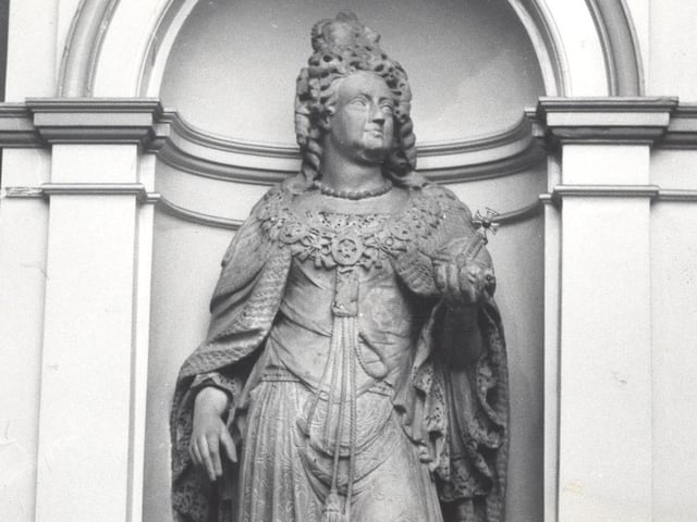 The Queen Anne statue in the city's Art Gallery. It has been part of Leeds's cultural fabric since 1713. It was donated by Alderman William Milner and first occupied a niche in the old Moot Hall on Briggate.