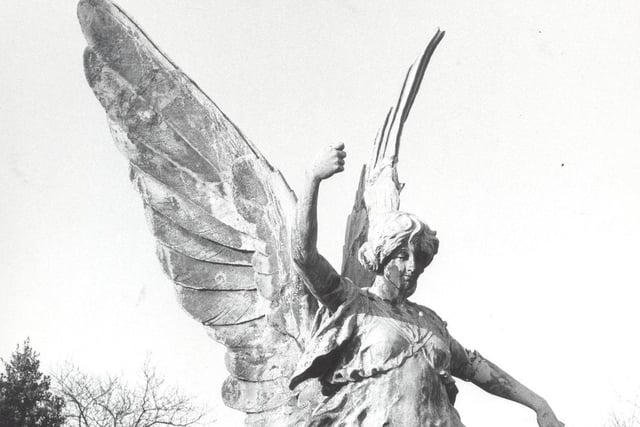 This is the Victory statue located in the grounds of Cottingley crematorium in February 1985. It was originally on the city's War Memorial but was removed in 1965 after a passer-by saw her wobbling in a gale.