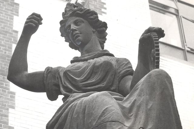 A statue on Park Row in Leeds city centre which was threatened with being reduced to rubble in the late 1960s. Pictured in March 1968.