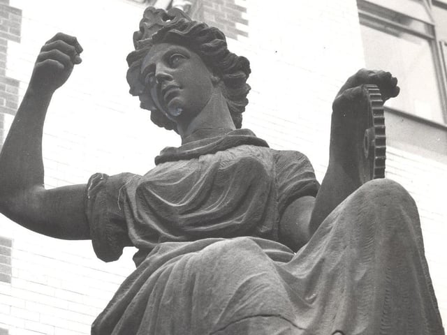 A statue on Park Row in Leeds city centre which was threatened with being reduced to rubble in the late 1960s. Pictured in March 1968.