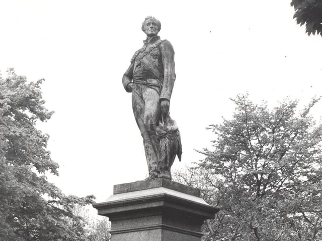 The statue of the Duke of Wellington on Woodhouse Moor pictured in the 1970s. Unveiled outside the newly-completed Town Hall in 1858 it was moved in 1937 along with statues of Queen Victoria and Sir Robert Peel to make way for a municipal car park.