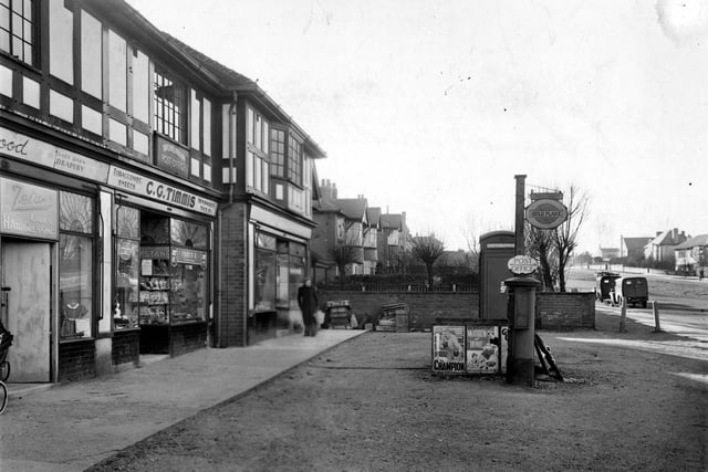 Sandhill Parade on Harrogate Road in February 1952. Shops are Zeta's hairdressers, C.G. Timmis newsagents and post office and R.Wilson and Sons, fruiterers.