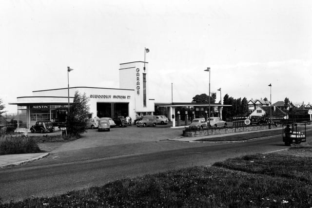 Alwoodley Motors, a petrol station on Harrogate Road at junction of Primley Park View pictured in August 1951.