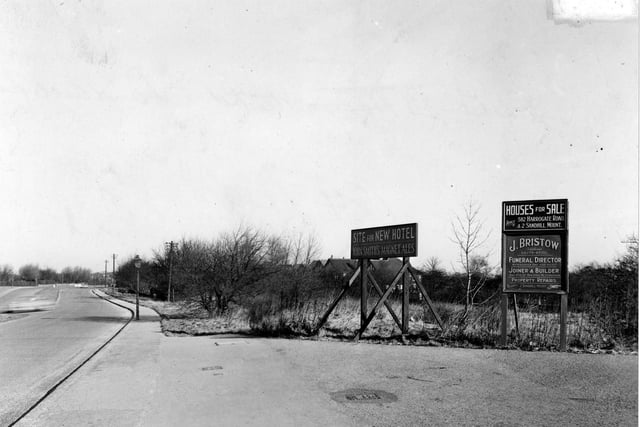 Looking north along Harrogate Road from the Sandhill Estate area in February 1952. Signs on wooden supports are for "Site for new hotel - John Smith's Magnet Ales", "Houses for sale" and "J. Bristow funeral director/joiner/property repairs".