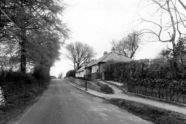 King Lane in May 1951. The bungalow and what is believed to have been a  crofter's cottage has since been demolished. The next turning on the left is Stairfoot Lane (the road to Adel).