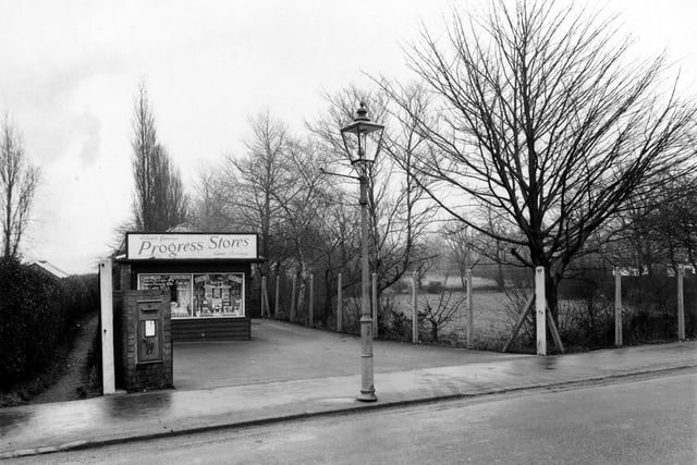 Progress Stores, a small grocers shop on King Lane pictured in January 1955, selling tinned and packet goods and fresh provisions. Window stickers advertise butter, bacon and eggs.