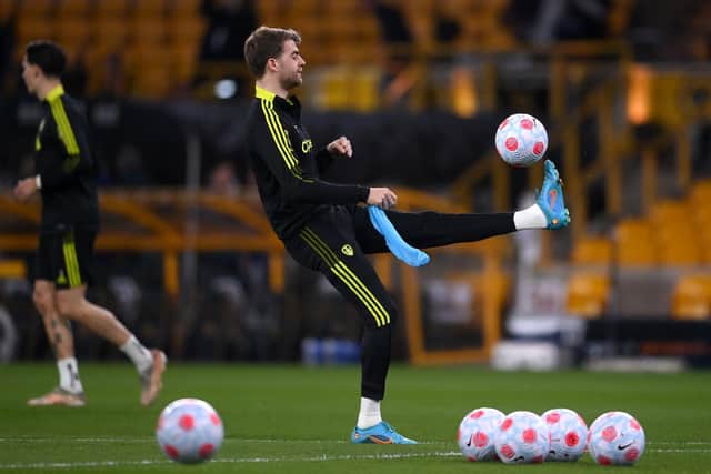 NOT RIGHT: Leeds United striker Patrick Bamford said he could tell in the warm-up at Molineux, above, that something was still amiss with his plantar fascia. Photo by GEOFF CADDICK/AFP via Getty Images.