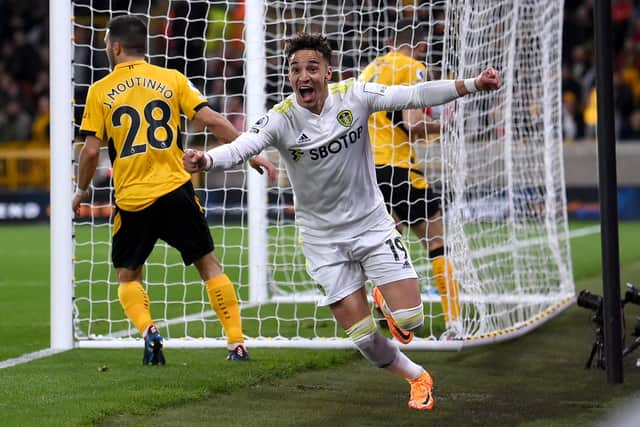 Rodrigo celebrates scoring at Wolverhampton Wanderers. Picture: Laurence Griffiths/Getty Images.