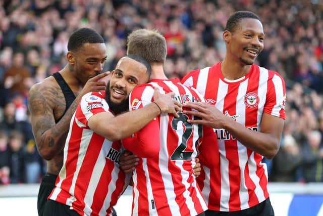 Brentford celebrate Ivan Toney's opener during the Bees' 2-0 victory over Burnley. Pic: Catherine Ivill.