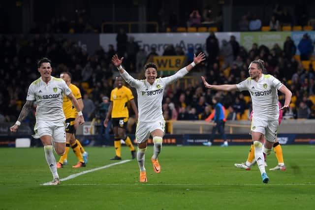 Leeds United celebrate Luke Ayling's late winner during the Whites' 3-2 Premier League victory over Wolves. Pic: Laurence Griffiths.