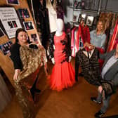 Jane McDonald has donated some of her glamorous dresses to Wakefield Hospice. From left to right: Keeley Harrison (Fundraising Manager), Santa Gindra (Ebay Assistant) and Matt Berry (Retail Operations Officer)