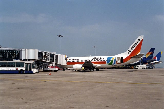 The airfield of Leeds Bradford Airport with three aeroplanes, including an Air Europa, to be seen. Taken sometime in the summer of 1996.