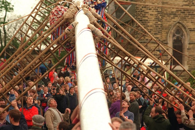 Going up.1996 was the year of the triennial Maypole Festival at Barwick-in-Elmet. And in accordance with the time honoured custom, the maypole was successfully raised by the use of ropes and ladders and an enthusiastic crowd of villagers and visitors.