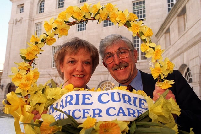Leeds City Council leader Coun Brian Walker together with Marie Curie Cancer Care nurse, Irene Greaves launches the 1996 Daffodil Day Appeal at Leeds Civic Hall.