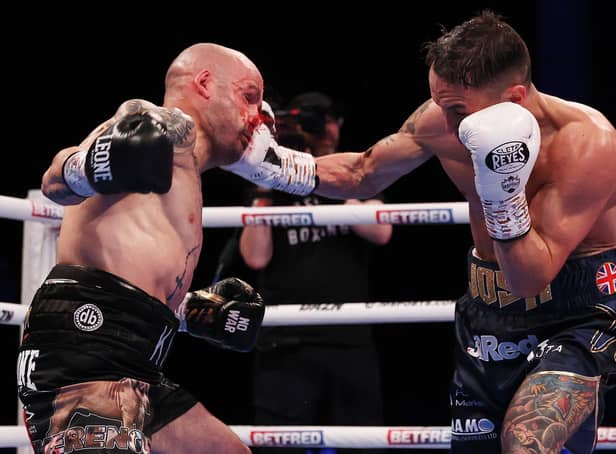 BRUTAL CONTEST: Josh Warrington broke his jaw and damaged his hand against Kiko Martinez last weekend. Picture: Mark Robinson/Matchroom Boxing.