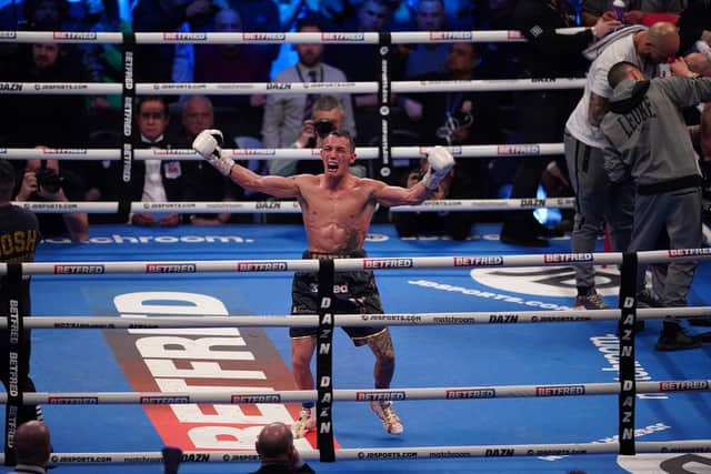 WORLD CHAMPION: Josh Warrington celebrates his win. Picture: Mark Robinson/Matchroom Boxing.
