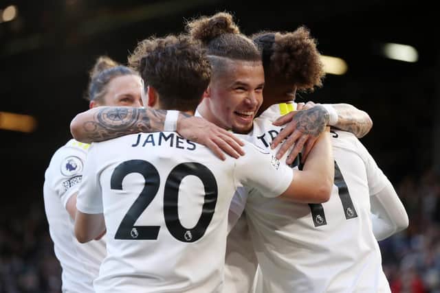 COLLISION COURSE: Leeds United's England international star Kalvin Phillips, centre, could face Whites team mates and Wales internationals Dan James, left, and Tyler Roberts, right, at the World Cup, or captain Liam Cooper with Scotland. Photo by George Wood/Getty Images.