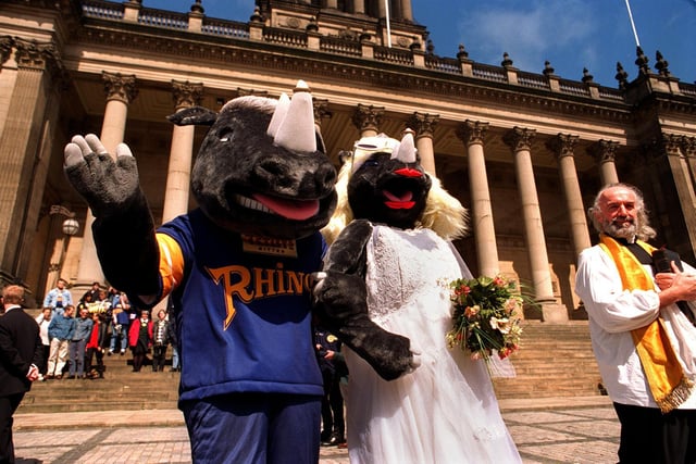 Mascot Ronnie the Rhino made an honest Rhino of his long suffering partner Rita when the pair wer married her infront of Leeds Town Hall.