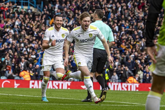 RISING STAR: Nineteen-year-old Leeds United striker Joe Gelhardt races off to celebrate his 94th-minute winner in last month's 2-1 victory against Norwich City at Elland Road. Picture by Tony Johnson.