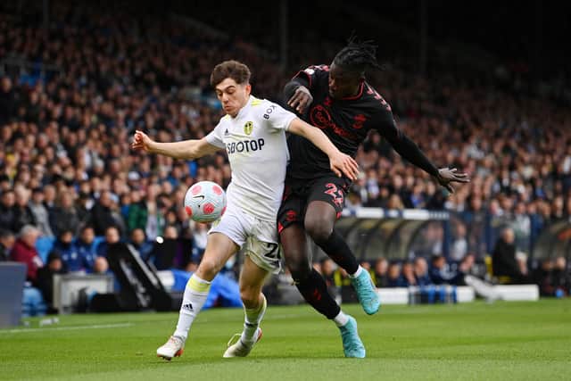 Mohammed Salisu and Dan James battle it out during Leeds United's Premier League game against Southampton. Pic: Stu Forster.