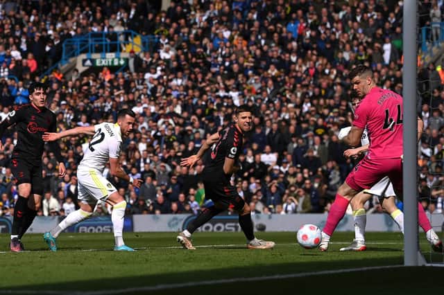 BREAKTHROUGH: Jack Harrison, left, puts Leeds United ahead against Southampton at Elland Road. Photo by Stu Forster/Getty Images.