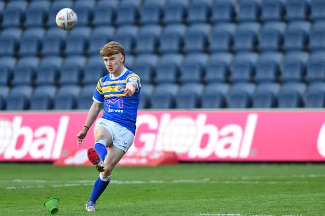 Kai Morgan lands one of his four conversions for Rhinos under-18s against Hull KR. Picture by Bruce Rollinson.