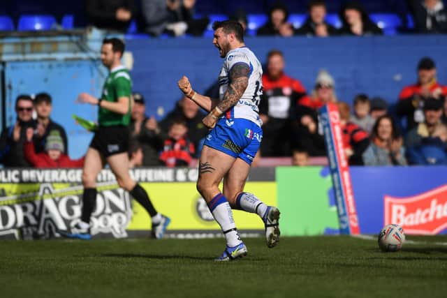 Clincher: Wakefield's Jay Pitts celebrates his late try.
Picture: Jonathan Gawthorpe
