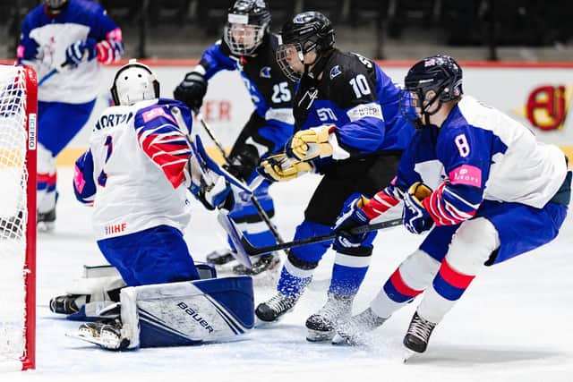 GB netminder Ben Norton thwarts another Estonia attack in Tallinn. Picture: Catherine Kortsmik