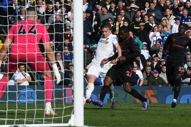 NOT GIVEN - Leeds United felt Joe Gelhardt should have been awarded a penalty for this challenge by Southampton's Ibrahima Diallo. Pic: Jonathan Gawthorpe